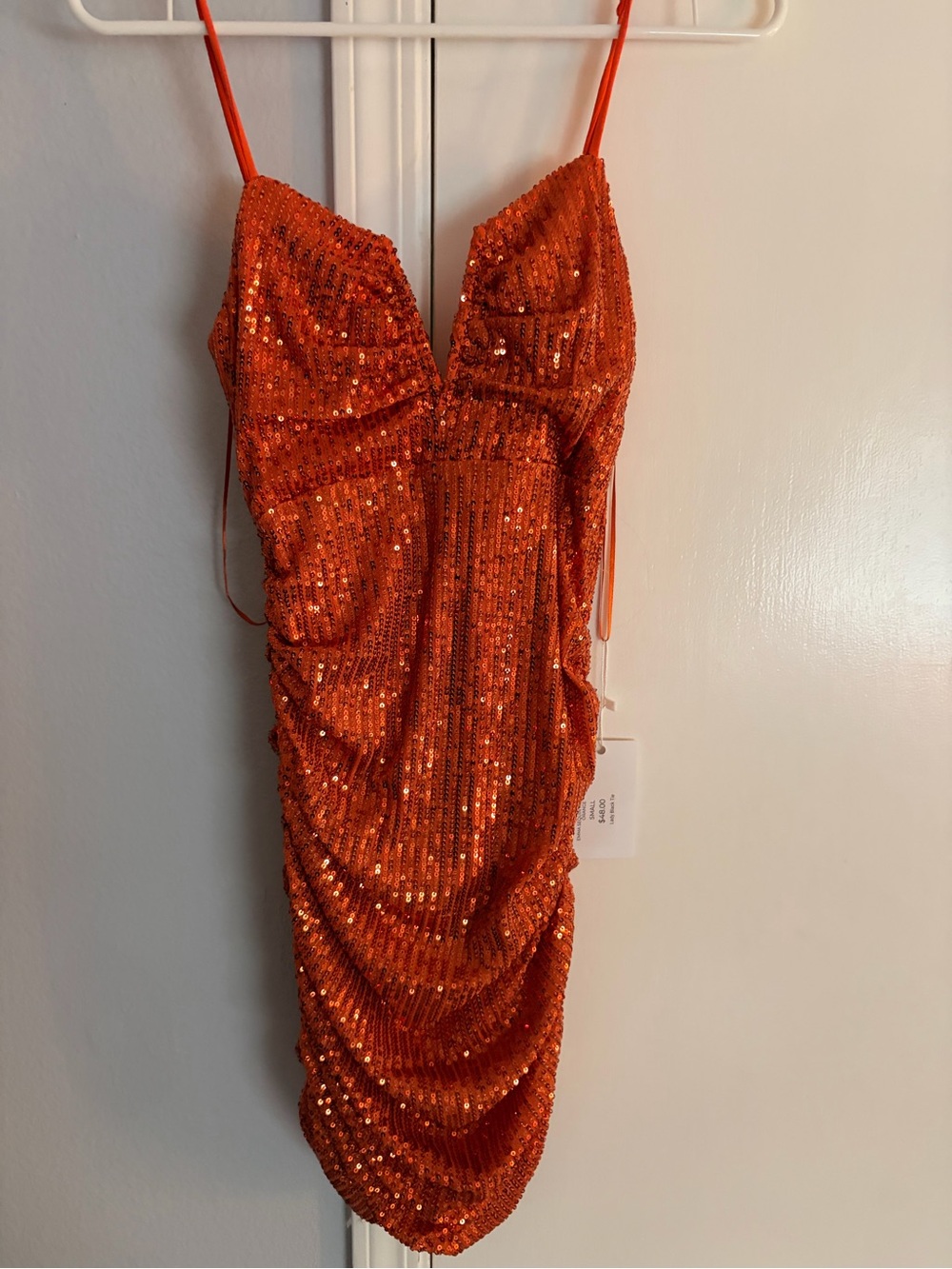 Black Orange Sequin Ruched Mini Dress with Spaghetti Straps